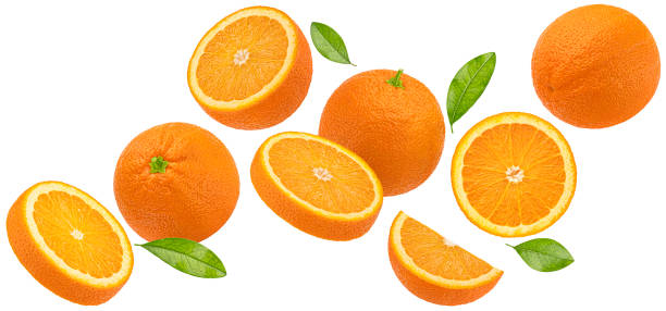istock Falling orange fruits isolated on white background 1445994011