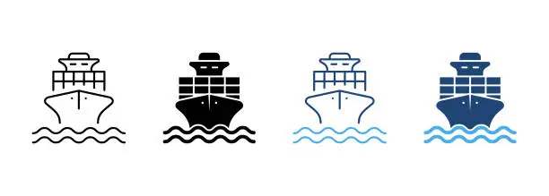 Vector illustration of Sea Boat Vessel Silhouette and Line Icon. Freight Marine Container Delivery Pictogram. Cargo Ship Delivery Black Icon. Big Cruise Yacht Shipping. Editable Stroke. Isolated Vector Illustration