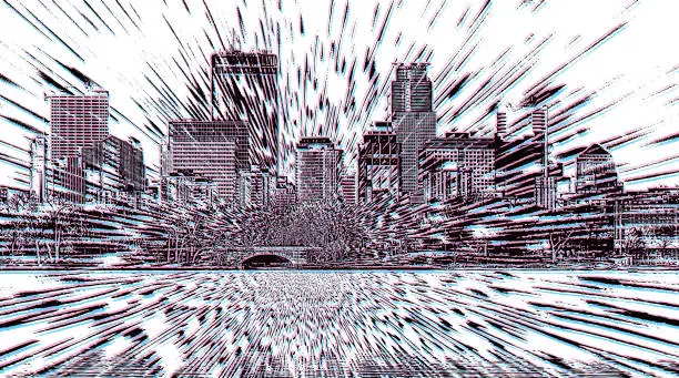 Vector illustration of City skyscrapers and lake with Glitch Technique