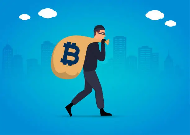 Vector illustration of A thief with a bag of bitcoin money.