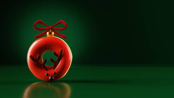 Christmas deer donut as ball shape on dark green background. 3D render