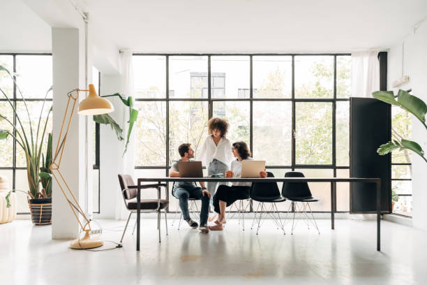 istock Diverse teamwork brainstorming on a creative project in spacious coworking loft space. Big windows. Multiracial 1445997645
