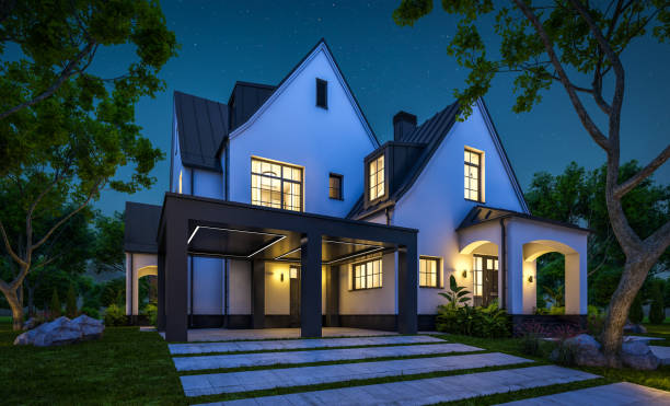 istock 3d rendering of white and black modern Tudor house in night 1445998881