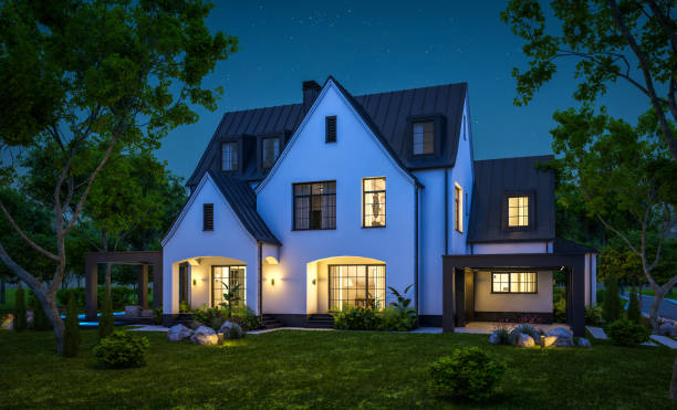 istock 3d rendering of white and black modern Tudor house in night 1445998957