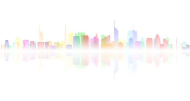 Vector illustration of Colorful cityscape of skyscrapers with reflection