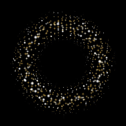 Circular pattern of glittering stars, on white