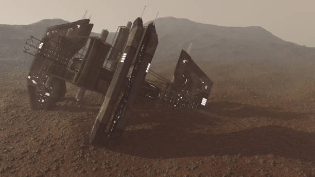 istock Rendering of a crashed alien space ship wreck on martian surface of the planet 1446001236