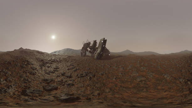 istock Rendering of a panoramic view of a crashed alien space ship on Mars surface of the planet 1446001256