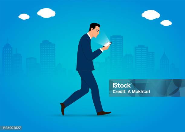 Man Walks And Uses Smartphone Stock Illustration - Download Image Now - Text Messaging, Walking, Drawing - Art Product