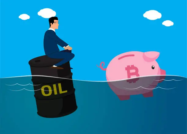 Vector illustration of Financial loss, bitcoin and oil.