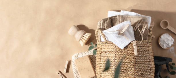 istock Eco-friendly laundry and housekeeping concept banner copy space 1446004959