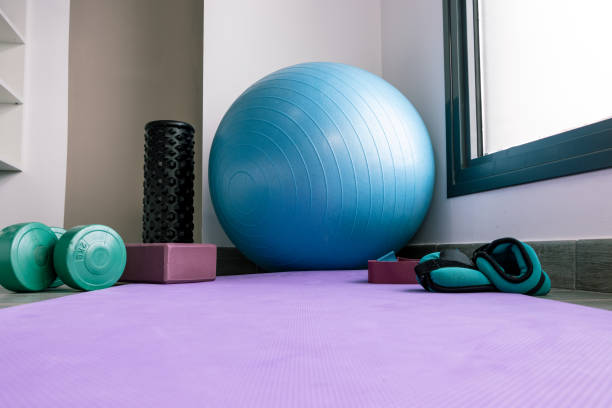 istock background with a yoga mat, pilates ball, weights, elastic bands. 1446005804