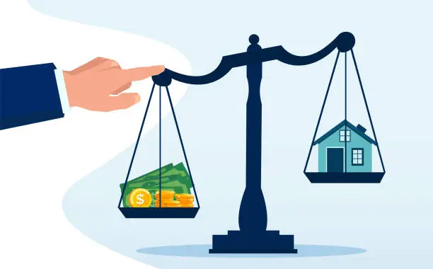 Vector illustration of Vector of a bank regulator pushing down weight scale with money on one plate vs a house in the other plate.