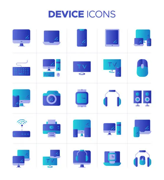 Vector illustration of Device and Technology Gradient Icon Set - Electronic Devices, Gadgets, Computer, Equipment and more
