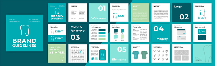 Turquoise Brand Guidelines template. Corporate Guide line identity presentation. Guideline template. Guide Book. presentation for dental clinic