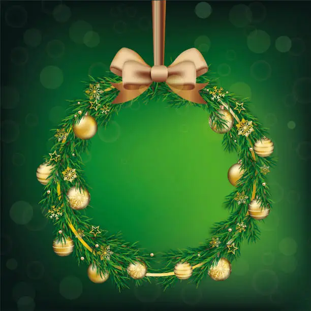 Vector illustration of Advent wreath with golden baubles on the green background.. Eps 10 vector file.