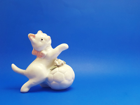 Indoor decoration with white cat character playing with a ball on a blue background