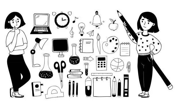 Vector illustration of Big collection vector educational school doodles. Cute girl with pencil and pensive student, stationery, school items, educational things and hobby items. Isolated linear hand drawings for design.