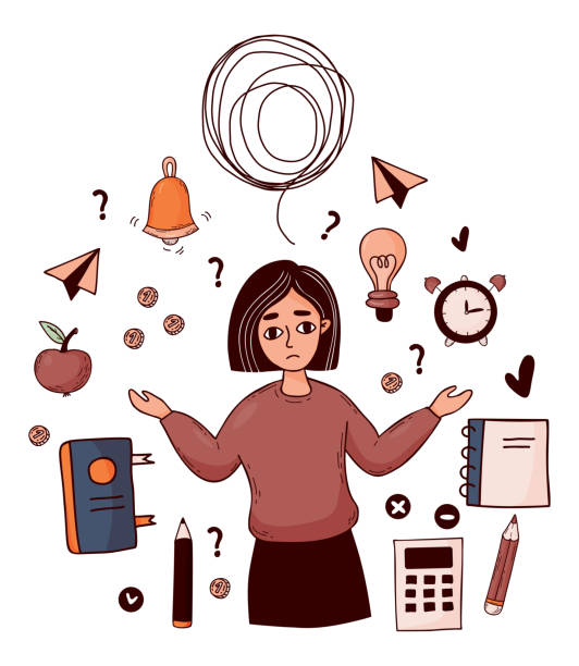 ilustrações de stock, clip art, desenhos animados e ícones de business collection. thoughtful sad girl with confused thoughts. near money, calculator, book, notepad and pencils isolated vector colored doodles. solving problems and business tasks and idea search. - pensive question mark teenager adversity