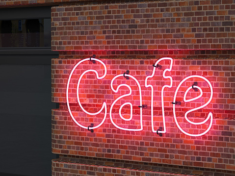 Neon Cafe Sign on Brick Wall. 3D Render