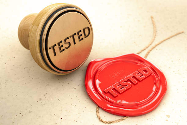 Approved quality control wax seal and a sealing wax wooden stamper. 3d illustration.