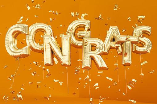 Congrats Letter Balloons with Confetti. 3D Render
