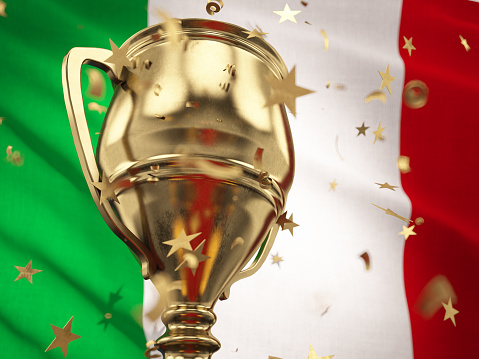 Italy Championship Concept Star Shaped Confetti Falling Onto A Gold Trophy Cup with Italian Flag. 3D Render