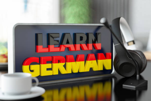 Learn German Online Course Concept with a Headset and Microphone. 3D Render