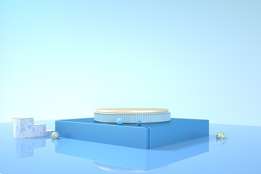 Blue cylinder shape of product display with modern concept, pedestal, podium. 3d illustration.