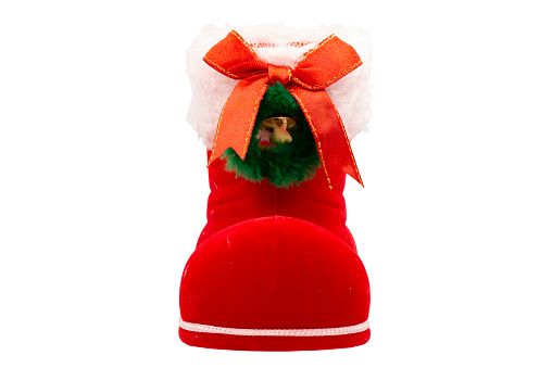 Christmas Shoes Xmas Decoration Tree Boots Stocking Hanging Bag Elfs,white background, isolated on white with clipping path inside