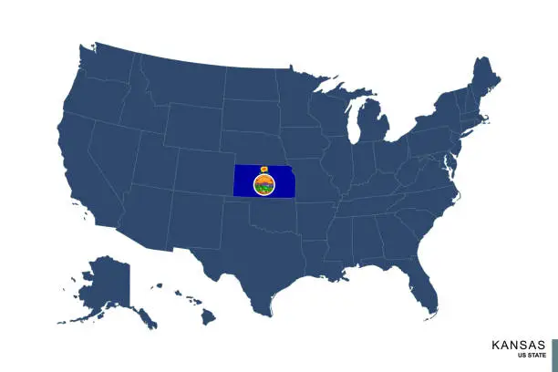 Vector illustration of State of Kansas on blue map of United States of America. Flag and map of Kansas.