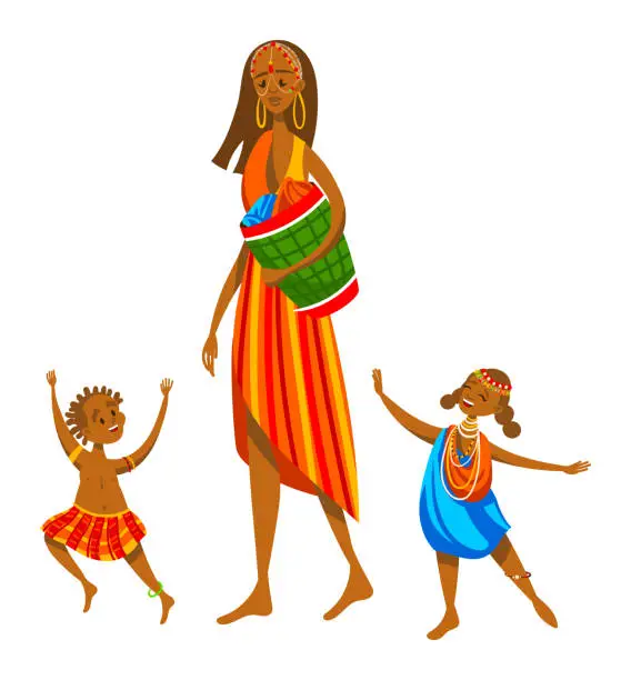 Vector illustration of Ethnic family, africa tribe, mom kids funny, beautiful african woman, isolated on white, design, cartoon style vector illustration