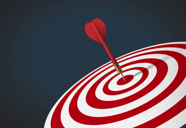 Dart arrow on center dartboard Red dart hit to center of dartboard. Arrow on bullseye in target. Business success, investment goal, opportunity challenge, aim strategy, achievement focus concept. 3d realistic vector illustration Dartboard stock illustrations