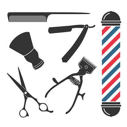 barber shop icon set with scissors, razor, comb, manual clipper and shaving brush, vector illustration