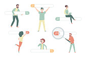 istock Search bars characters. Funny people holding standing and sitting near search bar ui exact vector seo concept illustrations for web design projects 1446019993
