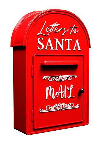 3D rendering of a red Santa Claus mailbox isolated on white background