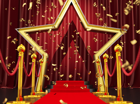 Movie Premiere Concept Red Carpet on the Round Podium with Steps and Star Shaped Corridor. 3D Render