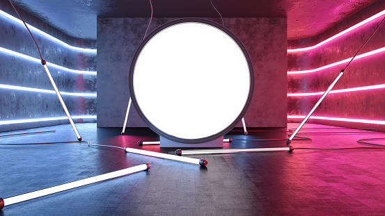 Futuristic Room with Neon Lights and Empty Round Billboard. 3D Render