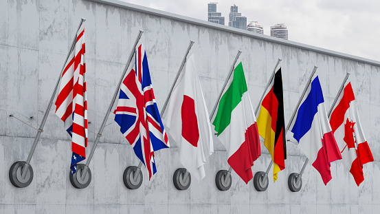 G7 Country Flags on the Wall . 3D Render