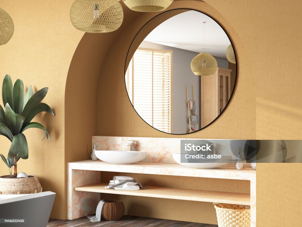 Cozy Beige Bathroom with a Sink and Wooden Furniture Cozy Beige Bathroom with a Sink and Wooden Furniture. 3D Render Furniture Stock Photo