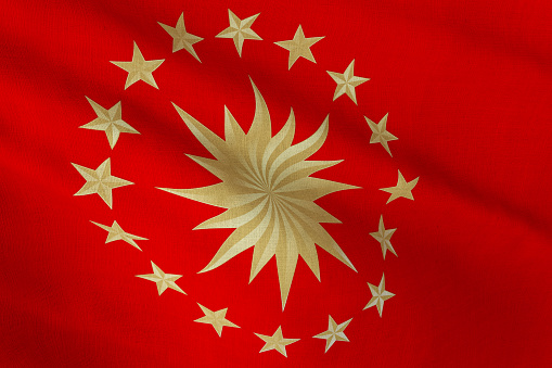 President of Turkey Concept Turkish Presidential Emblem on Flag . 3D Render