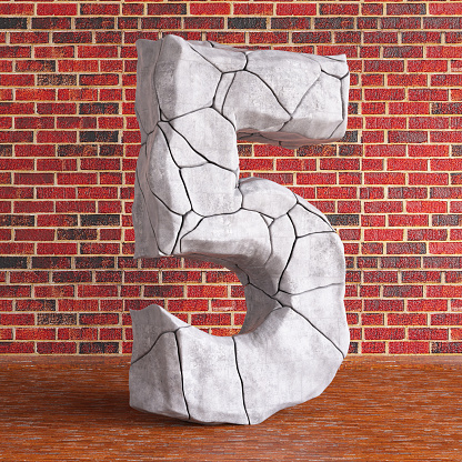 Number 5 Sign Made of Cracked Stone. 3D Render