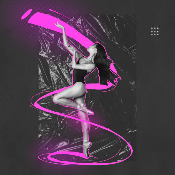 istock Art in motion. Creative artwork with beautiful dancing ballerina expressing feelings in dance over grey background with crumpled plastic cellophane effect with acid color lines. 1446024512