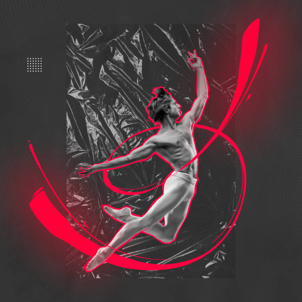 istock Contemp dance and music. Creative artwork with flexible dancer expressing feelings in dance over grey background with crumpled plastic cellophane effect with acid color lines. 1446024513
