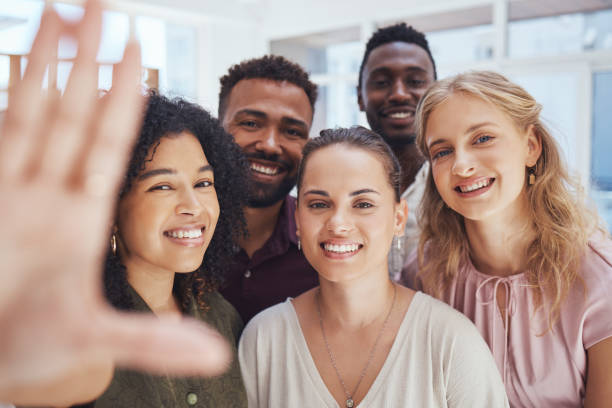 istock Networking, teamwork and selfie with business people in office for training, support and and project management. Mission, team building and communication with friends together for social media 1446026628