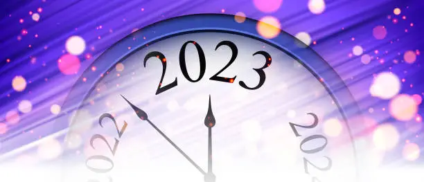 Vector illustration of Half hidden clock showing 2023 on purple brushstrokes background.