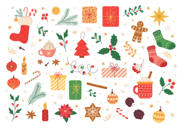 ilustraciones, imágenes clip art, dibujos animados e iconos de stock de conjunto vectorial de iconos navideños: acebo, adornos navideños, galletas de jengibre, velas, regalo, taza de cacao. ilustración vectorial para la época navideña. colección de álbumes de recortes. tarjeta de felicitación de invierno. feliz año nu - candle christmas tree candlelight christmas ornament