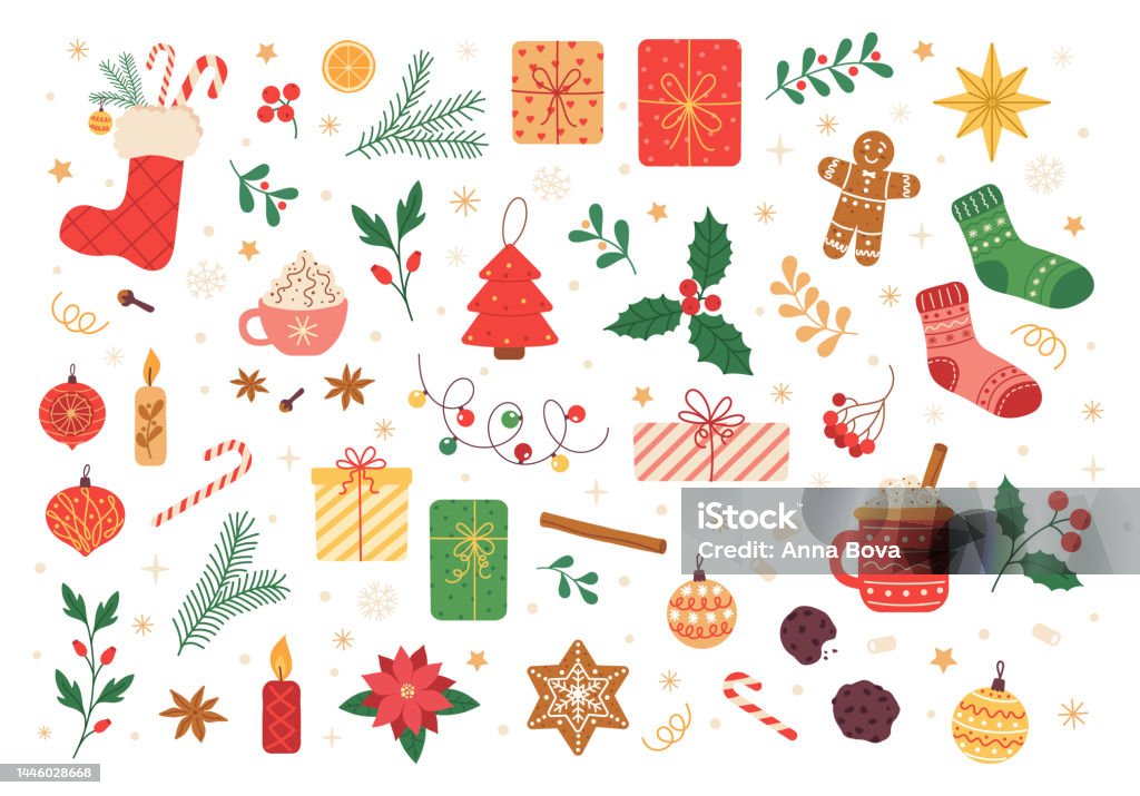 Set vettoriale di icone natalizie natalizie: agrifoglio, ornamenti natalizi, biscotti di pan di zenzero, candele, regalo, tazza di cacao. Illustrazione vettoriale per il periodo natalizio. Collezione di scrapbook. Biglietto di auguri invernale. Felice anno - arte vettoriale royalty-free di Natale Set vettoriale di icone natalizie natalizie: agrifoglio, ornamenti natalizi, biscotti di pan di zenzero, candele, regalo, tazza di cacao. Illustrazione vettoriale per il periodo natalizio. Collezione di scrapbook. Biglietto di auguri invernale. Felice anno - arte vettoriale royalty-free di Natale