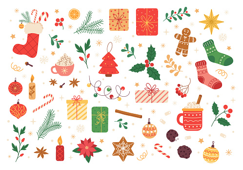 Vector set of holiday  christmas  icons: holly, christmas ornaments, gingerbread cookies, candles, gift, cacao mug. Vector illustration for Christmas time. Scrapbook collection. Winter greeting card. Happy New Year.