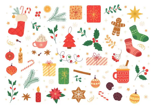 Vector illustration of Vector set of holiday  christmas  icons: holly, christmas ornaments, gingerbread cookies, candles, gift, cacao mug. Vector illustration for Christmas time. Scrapbook collection. Winter greeting card. Happy New Year.